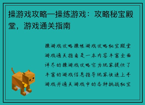 操游戏攻略—操练游戏：攻略秘宝殿堂，游戏通关指南